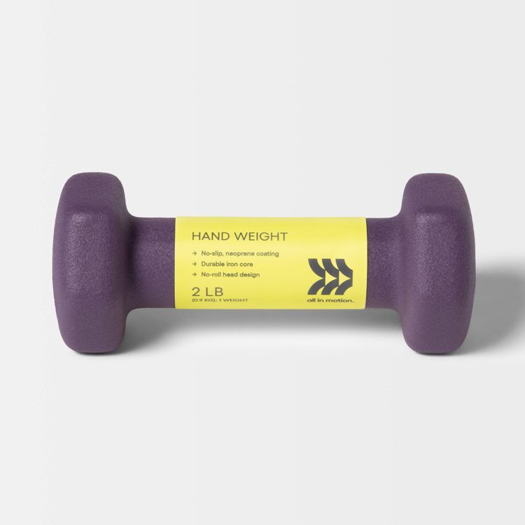 Purple colored dumbbell with a yellow label indicating "2 LB" and features like "no-slip, neoprene coating" and "no-roll head design."