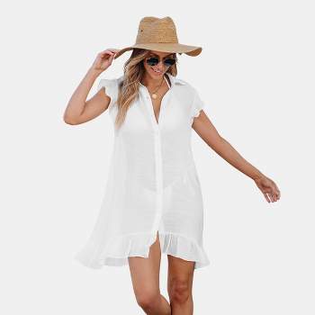 Women's Sheer Button-Up Collared Ruffle Mini Cover-Up - Cupshe