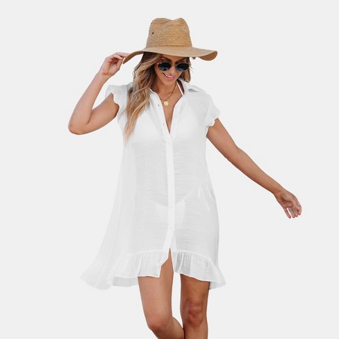 Women's Sheer Button-up Collared Ruffle Mini Cover-up - Cupshe-s-white ...