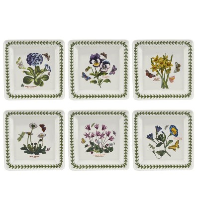 Portmeirion Botanic Garden 7 Inch Porcelain Square Plate, Set of 6 - Assorted Floral Motifs,7 Inch