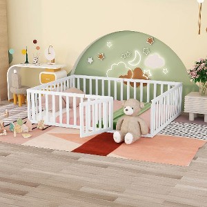 CAVINAS Twin Size Bed Frame, Wood Daybed Frame with Fence and Door, Floor Bed for Kids, Teens, Girls, Boys, Floor Platform Bed - 1 of 4