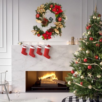 6 FT Pre-Lit Holiday Garland with 20 LED Lights for Front Door, Red & White Christmas Decoration with Bows, Berries, Ball Ornaments Xmas Flowers