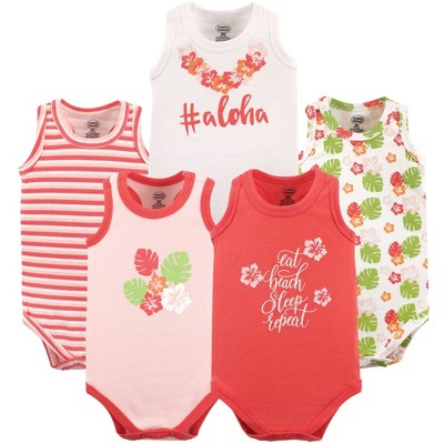 Luvable Friends Baby Girl Cotton Sleeveless Bodysuits 5pk, Aloha