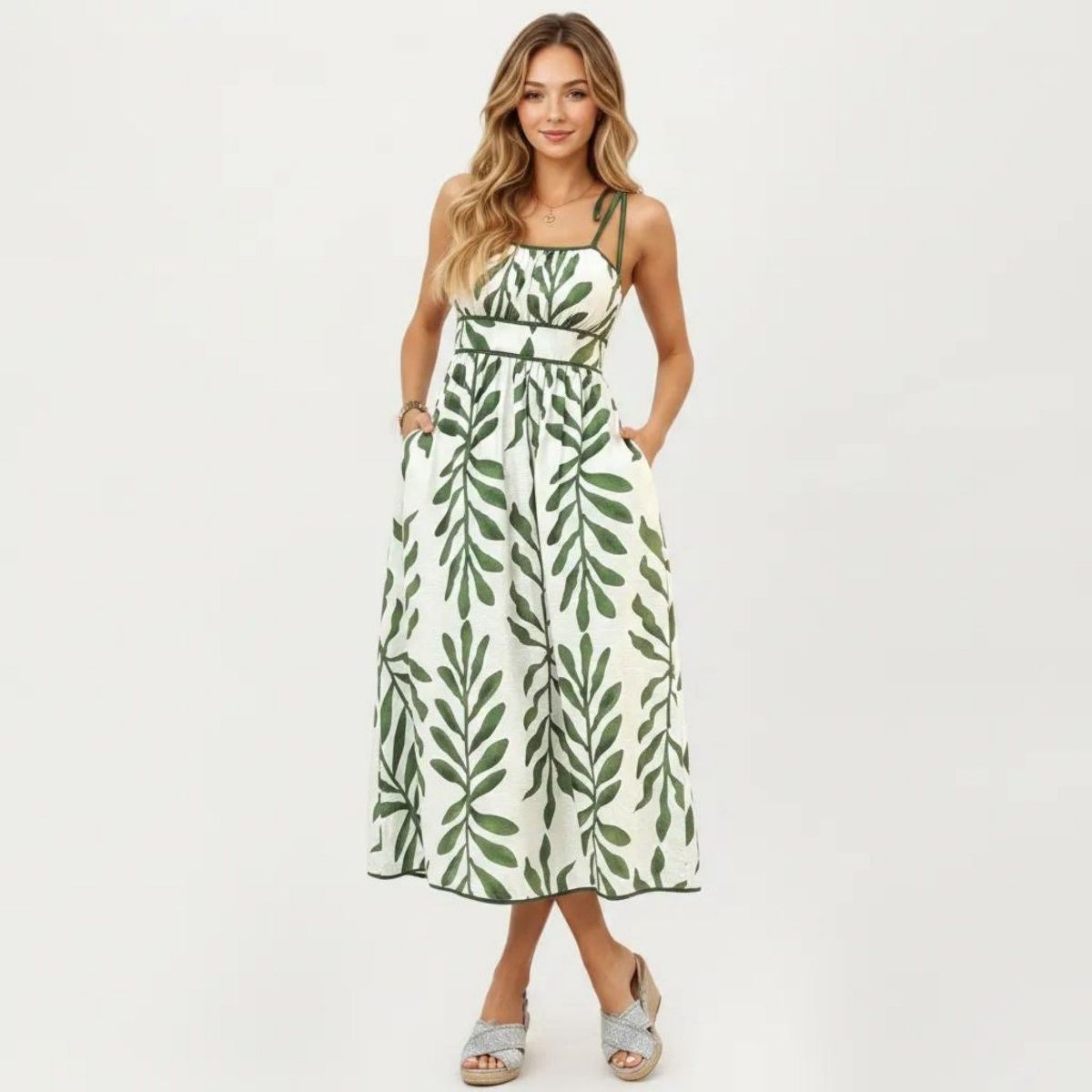 Anna-Kaci Women's Sleeveless Midi Dress with Leaf Print Tie Shoulder Straps Smocked Back Flowy A-Line Silhouette - thumbnail 5
