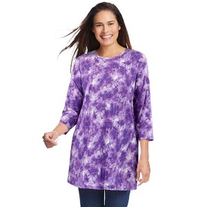Woman Within Plus Size Perfect Printed Three-Quarter Sleeve Crewneck Tunic - 1 of 4