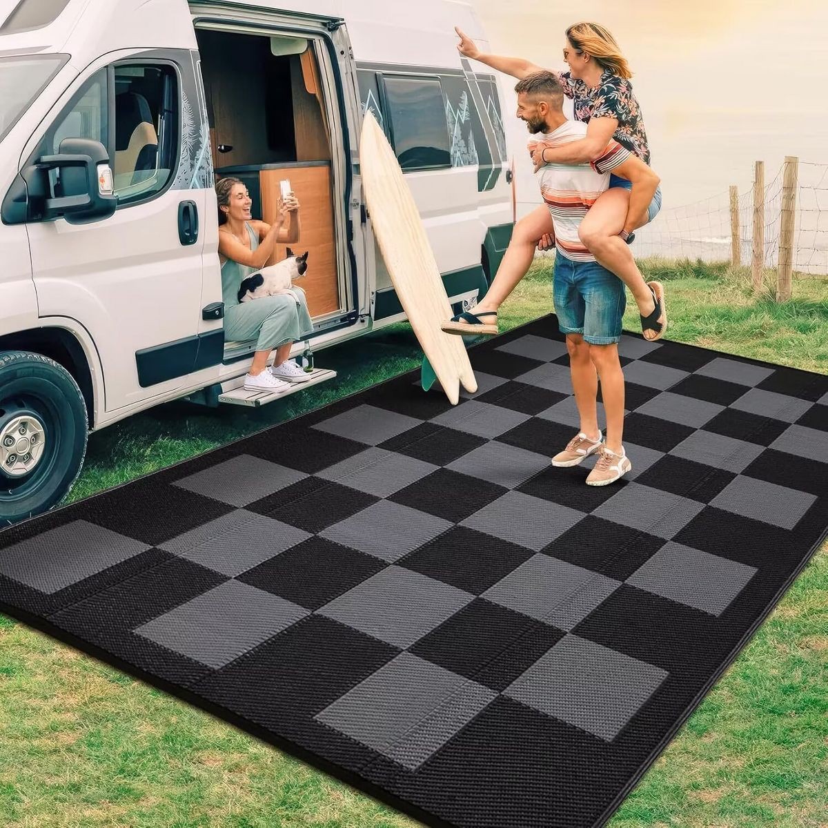 Garvee Outdoor Rug Checkerboard Geometric Plaid Pattern, Waterproof Plastic Straw Rug, UV Resistant Foldable Outdoor Rug for Picnic, Backyard, Deck - thumbnail 10