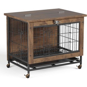 Wooden dog crate furniture, simple dog box with 2 doors,with wheels, UNH extendable tray, easy to clean, bite-proof indoor dog crate for dogs - 1 of 4