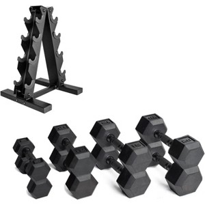 Rubber Coated Dumbbell Weight Set with Vertical Rack, Free Weights for Home Gym Strength Training - 1 of 4