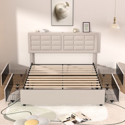 VECELO Queen/Full Size Upholstered Bed Frame with 4 Storage Drawers & USB Ports, Platform Bed Frame with Adjustable Headboard, Beige/Gray