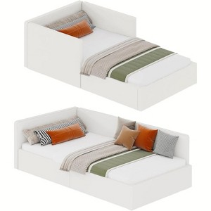 Twin daybed with headboard, Corner Bed Frame with Bed Rails, Velvet Upholstered Sofa Bed with Guardrail for Bedroom, Guest Room - 1 of 4