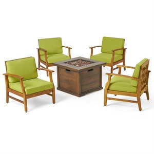 Christopher Knight Home Havana Outdoor Acacia Wood 5 Piece Club Chair and Fire Pit Set with Cushions - 1 of 4