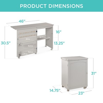 Gray Folding Sewing Table with Storage and Wheels