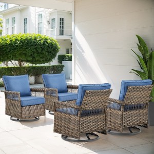 Belord High Back Outdoor Swivel Rocker Set of 4, Brown Wicker Furniture Swivel Chair with 5-Inch Wide Armrest and Thick Cushion for Porch - 1 of 4