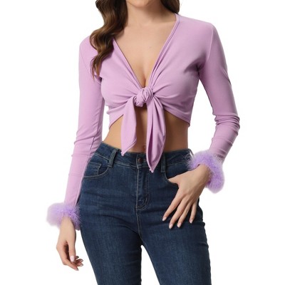 Allegra K Women's Tie Front Long Sleeve Faux Feather Cuff Short Cardigan