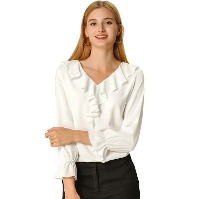 Allegra K Women's Office Work Ruffle V Long Sleeve Neck Chiffon