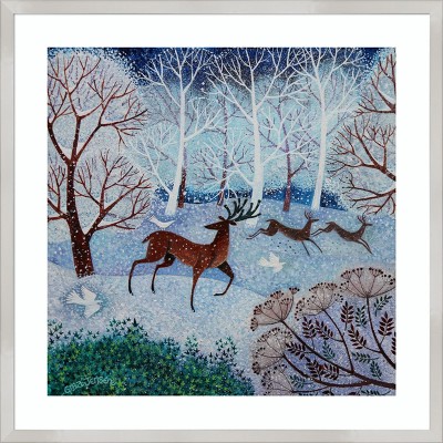 Winter Deer and Doves Framed Nature Print 25" x 25"