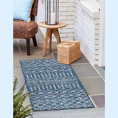 Blue Synthetic Trellis Flat Woven Outdoor Runner Rug