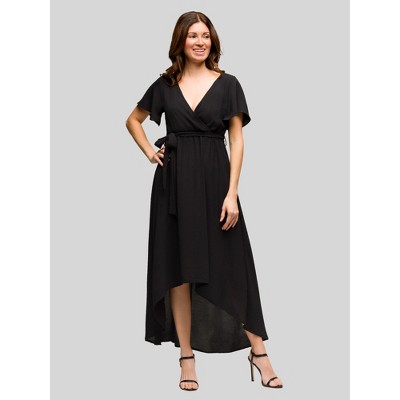 24seven Comfort Apparel Womens V Neck Belted Faux Wrap High Low Dress