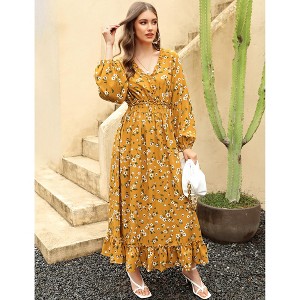 Women's Bohemian Floral Print Maxi Dress - V-Neck Long Sleeve Wedding Guest Gown, Flowy Beach Dress - 1 of 4