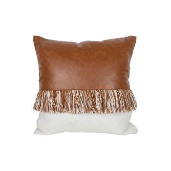 18X18 Inch Pillow Brown Cotton & Faux Leather With Polyester Fill - Foreside Home & Garden