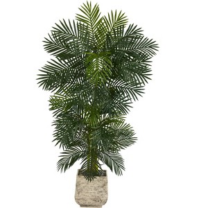 Nearly Natural 6.5-ft Golden Cane Artificial Palm Tree in White Planter - 1 of 3
