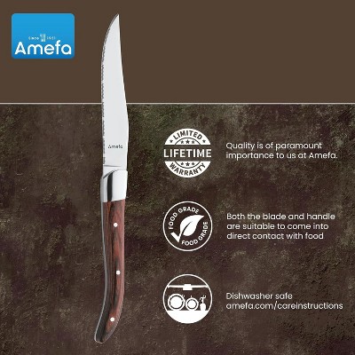 Amefa Royal Steak Knives, Set of 6, Hardened Stainless Steel, Triple Rivet Pakka Wood Ergonomic Handle Design, Serrated Edge 4 Inch Blade Steak Knife