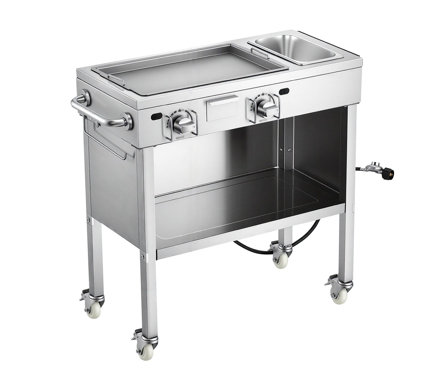VEVOR Outdoor Propane Griddle, 2 Burners (11,600 BTU Each), Commercial Stainless Steel Gas Griddle Cart with 4 Lockable Wheels, 1/3 Food Pan, Silver