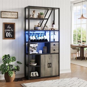 Wine Bar Cabinet, Tall Coffee Bar Station with Power Outlets and Wine Rack, Kitchen Microwave Stand Bakers Rack Cabinet for Living Room - 1 of 4