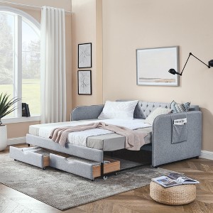 Twin Size Upholstered Daybed with Trundle Bed and Two Storage Drawers for Bedroom or Guest Room - 1 of 4