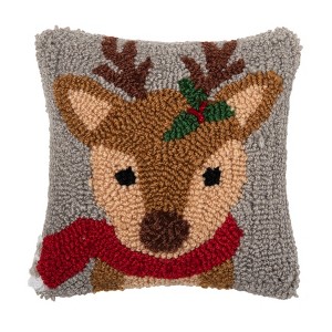 C&F Home 8" x 8" Woodland Reindeer Christmas Hooked Pillow - 1 of 3