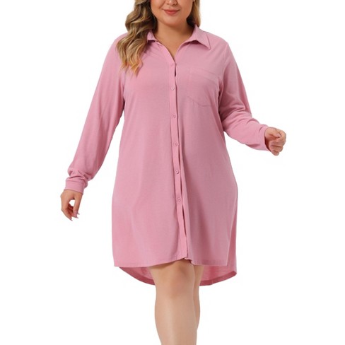 Agnes Orinda Women's Plus Size Solid Long Sleeve Button Down V-neck Pajama  Sleepdress Pink 1x : Target