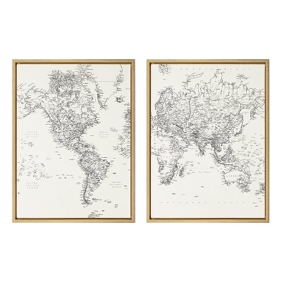 18" x 24" 2pc Sylvie Black/White Modern Retro World Map Framed Canvases by the Creative Bunch Studio Gold - Kate & Laurel All Things Decor