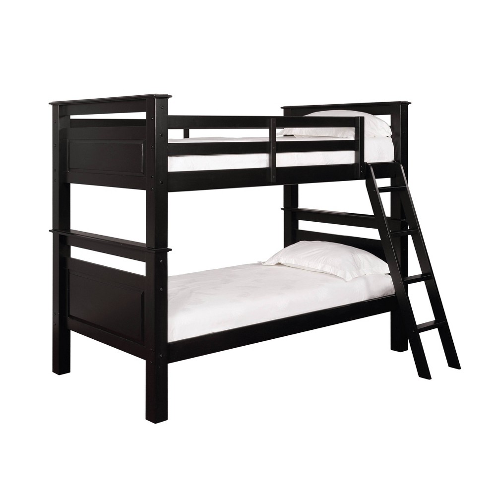 Photos - Bed Frame Twin Over Twin Justin Modern Black Solid Wood Built In Ladder Kids' Bunk B