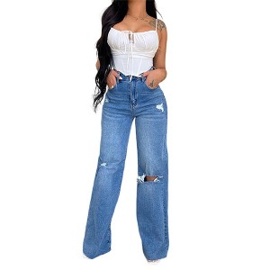Clearlove Women’s High-Waisted Flared Jeans Distressed Hem,Stylish Wide Leg Denim for Effortless Chic - 1 of 3