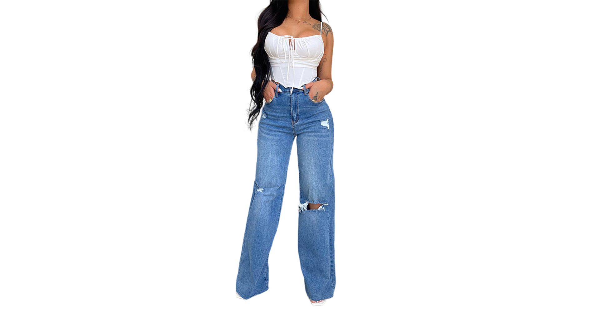 Clearlove Women’s High-Waisted Flared Jeans Distressed Hem,Stylish Wide Leg Denim for Effortless Chic