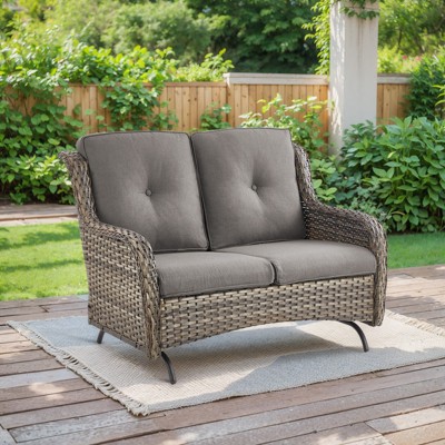 Buenhomino Patio Loveseat Rattan Glider Sofa with Curved Armrest Thicking Back & Seat Cushions for Garden Balcony Backyard