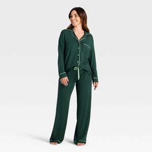 Women's Cloud Knit Modal Long Sleeve Notch Collar Top and Pants Pajama Set - Auden™ - 1 of 4