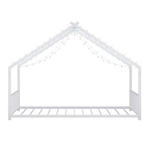 Racxily Twin House Bed with Roof & Lights, Iron Frame for Kids & Teens, White/Black - 1 of 4