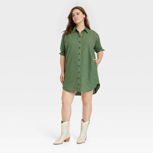 Women's Long Sleeve Mini Shirtdress - Universal Thread™ Green XXL