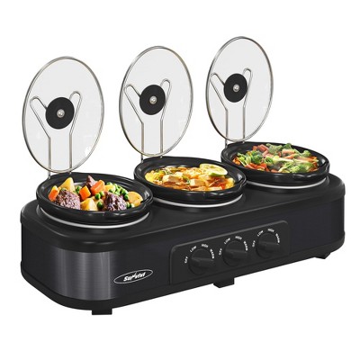 Heynemo Triple Slow Cooker with three 1.5-Quart Ceramic Pots, Buffet Servers and Warmers with Glass Lids and 3 Spoons, Stainless Steel