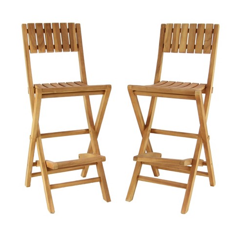 2pk Traditional Teak Wood Patio Bar Stools Brown Olivia May Foldable Weather Resistant No Assembly Required