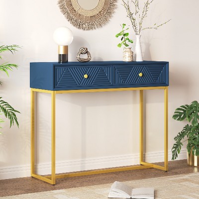 Lyngins Modern Console Table with Storage, Narrow Entryway Table with Gold Metal Base, Sofa Table with 2 Drawers (Diagonal Stripe Design)
