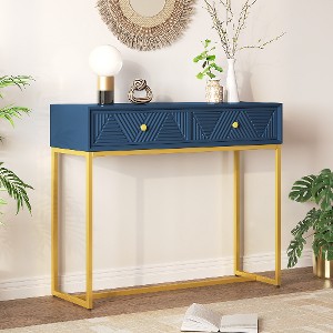 Lyngins Modern Console Table with Storage, Narrow Entryway Table with Gold Metal Base, Sofa Table with 2 Drawers (Diagonal Stripe Design) - 1 of 4