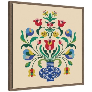 Kate and Laurel Framed Canvas Wall Art Print Floral Blue Vase 02 by Rachel Lee, 22 x 22 Sylvie Walnut Frame, Whimsical, Flower Art for Wall Decor - 1 of 4