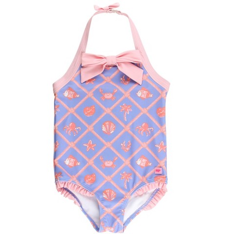 RuffleButts Girls UPF50+ Halter One Piece - Tropical Trellis, 8