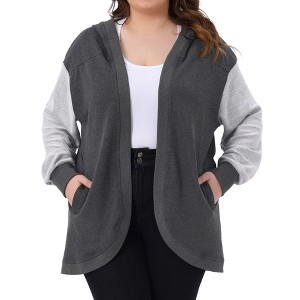 Agnes Orinda Women's Plus Size Hooded Open Front Color Block Long Sleeve Casual Jacket with Pockets - 1 of 4