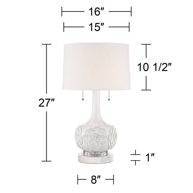 Possini Euro Design Natalia Country Cottage Table Lamp with Round White Marble Riser 27" Tall White Floral Ceramic Drum Shade for Bedroom Living Room, 4 of 6