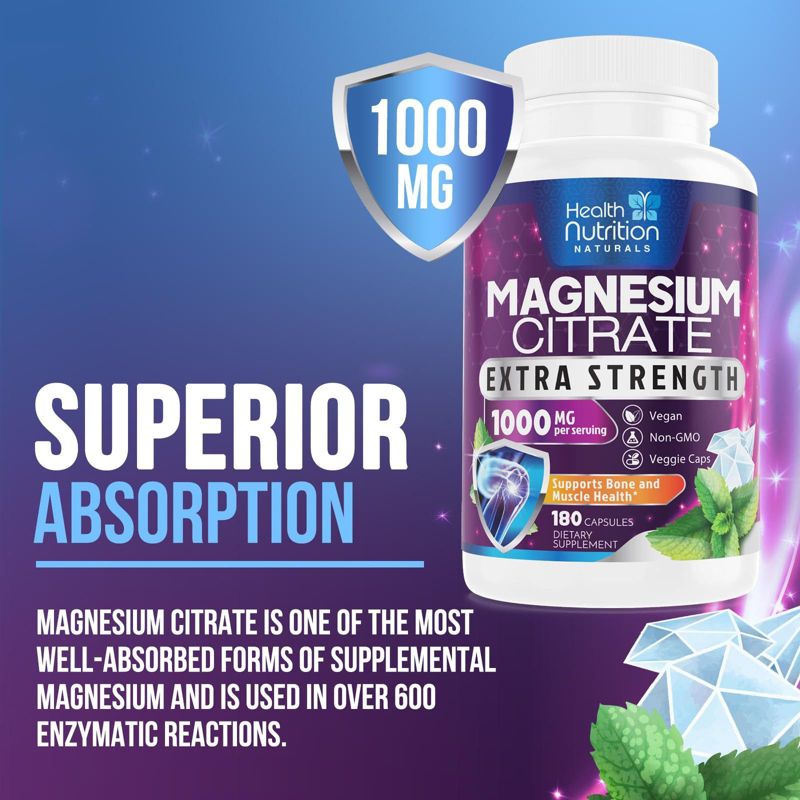 Health Nutrition Naturals Magnesium Citrate Capsules 1000mg - Max Absorption Magnesium Powder Capsules, 3 of 10