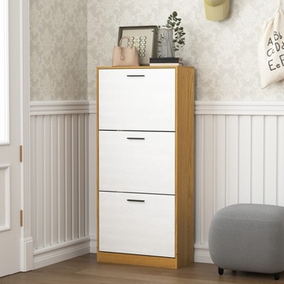 VYNXARIA Shoe Storage Cabinet with 3 White Panel Flip Drawers, Freestanding Organizer for Entryway, Narrow Shoe Rack Cabinet
