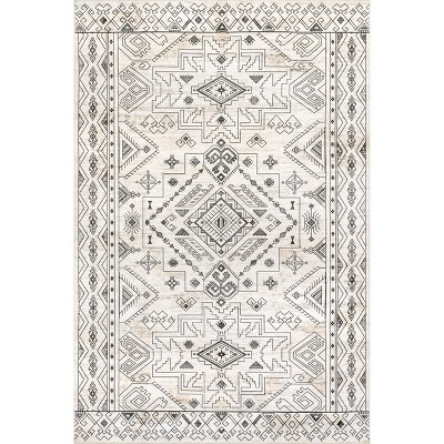 Light Gray Geometric Machine Washable Synthetic Area Rug, 5' x 8'
